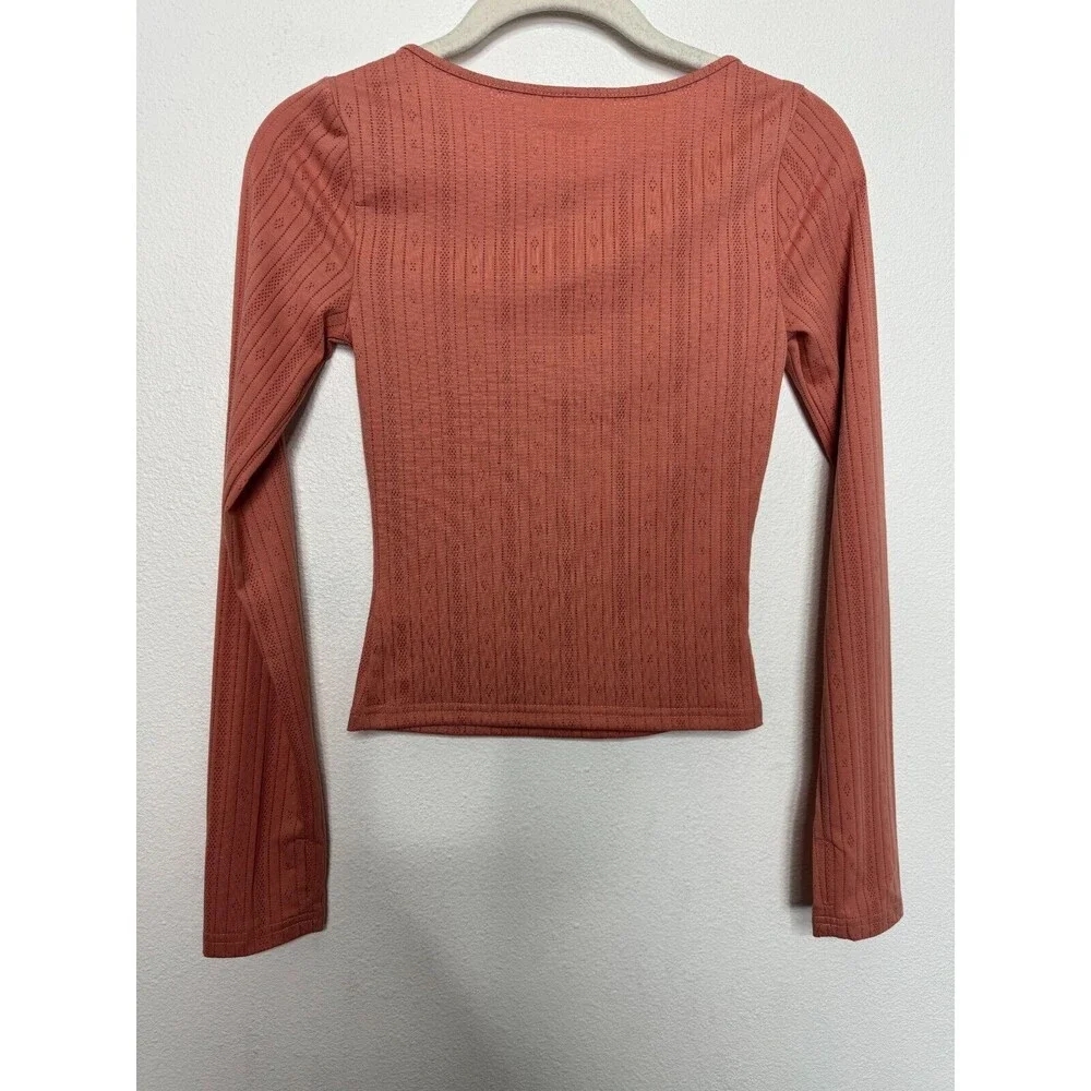 Abound Sz XXS Ribbed Knit Keyhole Top Pink Long Sleeve Round Neckline Cotton